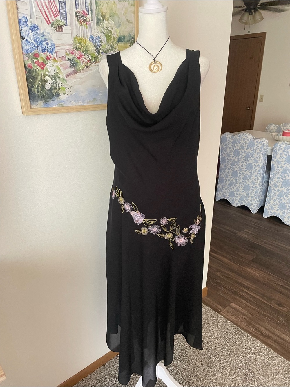Vintage 90s Y2K Bias Cut Floral Embroidered Cowl Asymmetrical Midi Dress Fairy
